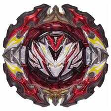 Beyblade super spinning top in red, silver, and yellow with intricate designs and bold patterns.